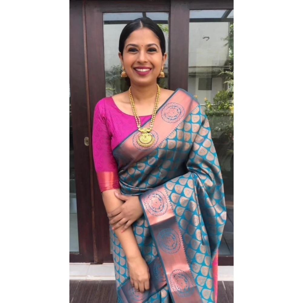 Women's Litchi silk Printed Saree With Unstitched Blouse (Blue) - Image 3