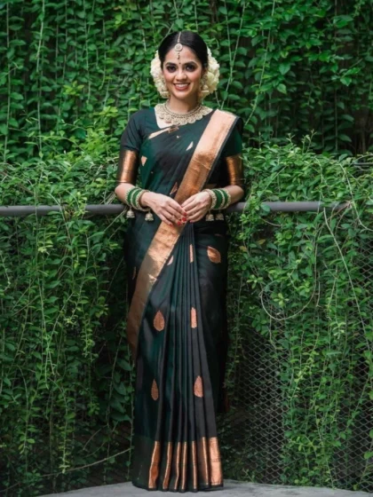 Women's Litchi silk Printed Saree With Unstitched Blouse (Green)