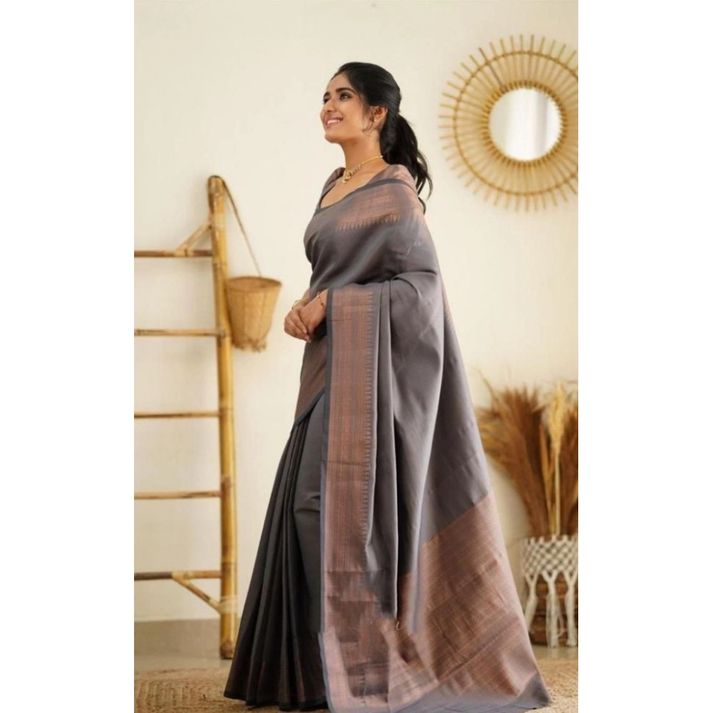 Women's Litchi silk Printed Saree With Unstitched Blouse (Grey) - Image 2