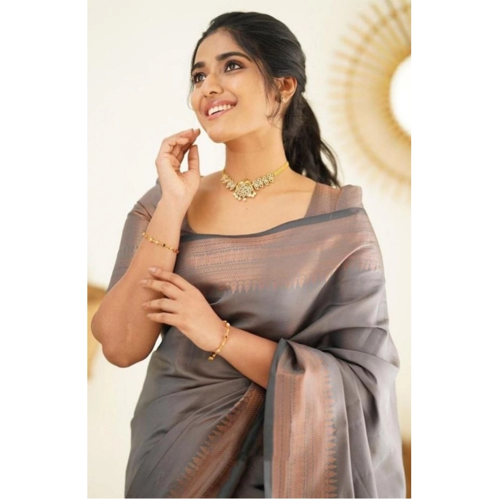Women's Litchi silk Printed Saree With Unstitched Blouse (Grey) - Image 4