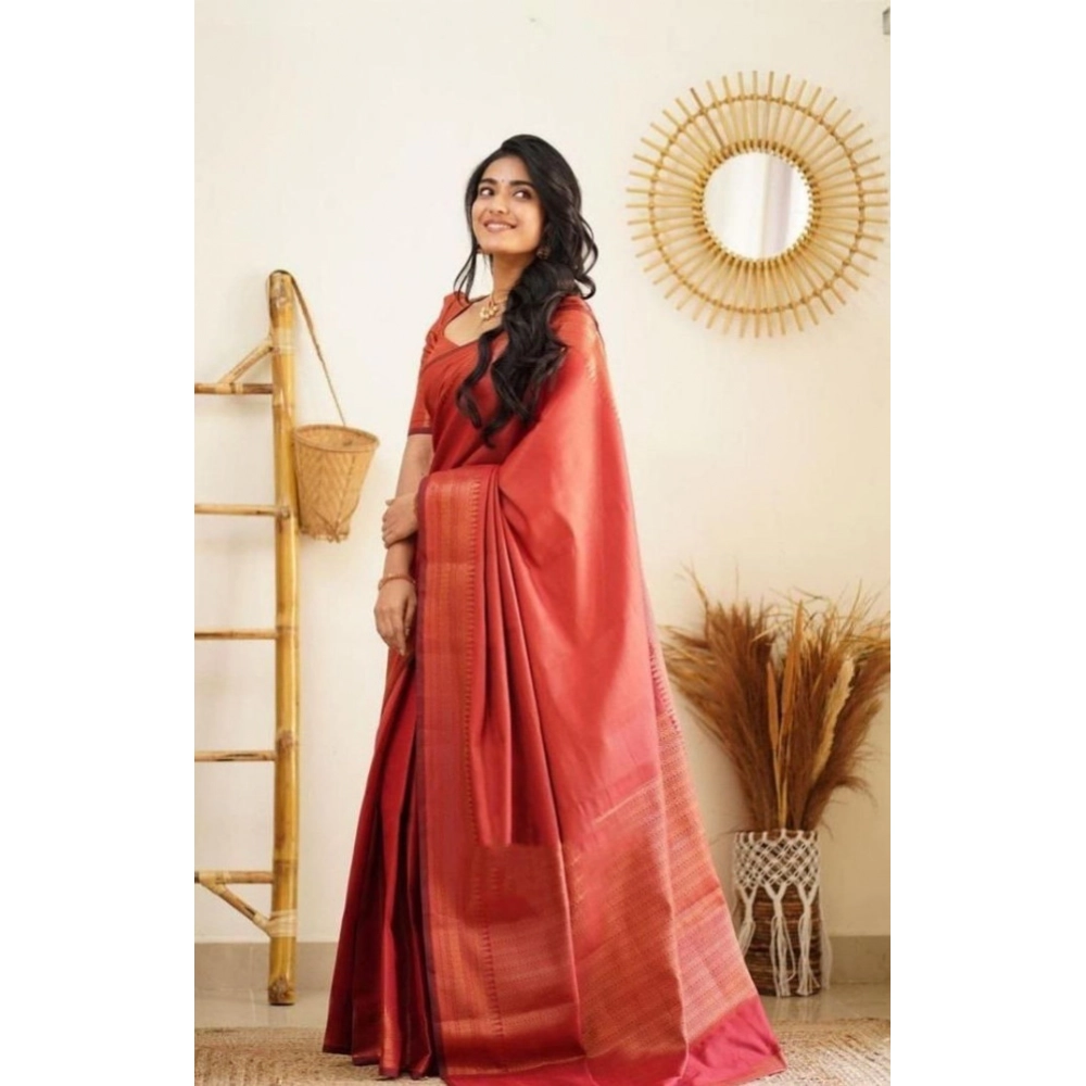 Women's Litchi silk Printed Saree With Unstitched Blouse (Red)