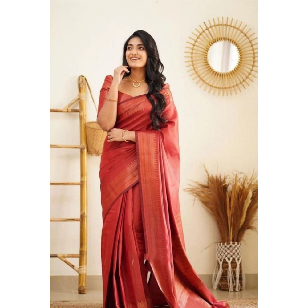 Women's Litchi silk Printed Saree With Unstitched Blouse (Red) - Image 2