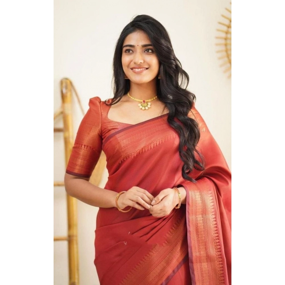 Women's Litchi silk Printed Saree With Unstitched Blouse (Red) - Image 4