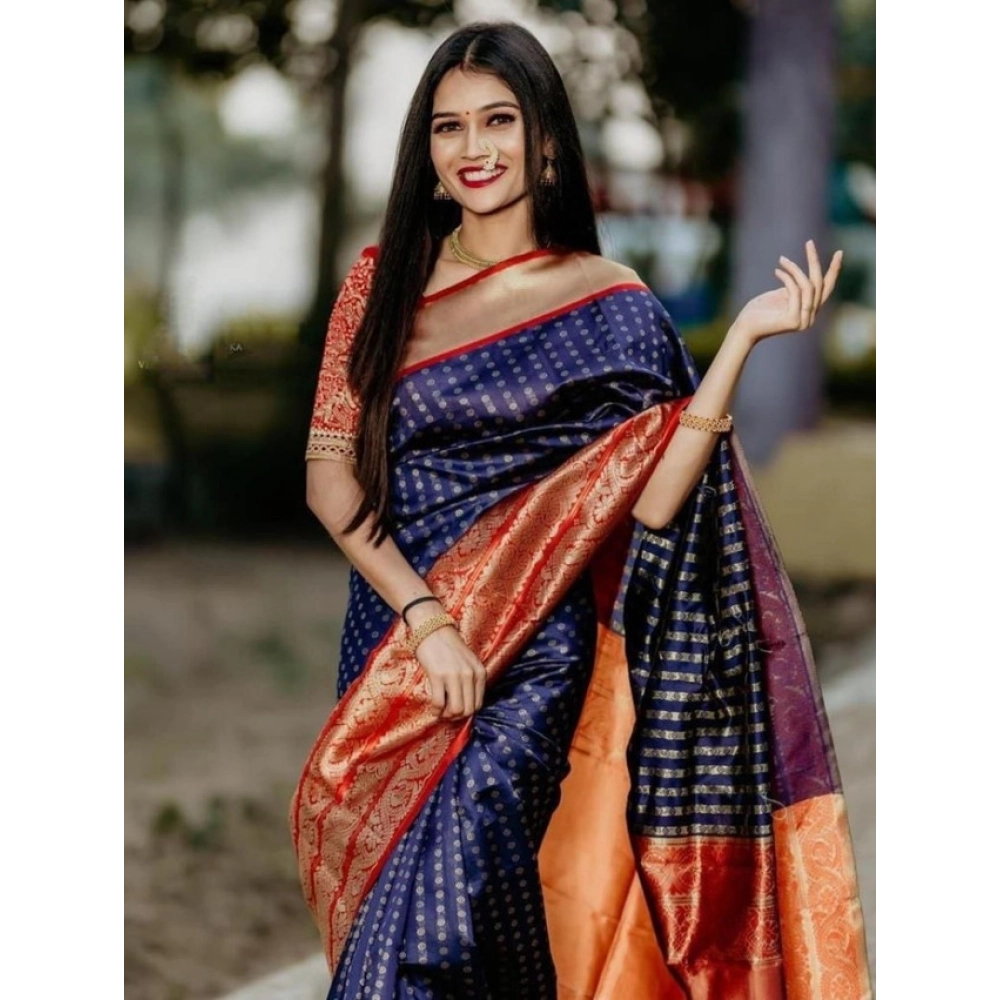 Women's Litchi silk Printed Saree With Unstitched Blouse (Blue) - Image 2