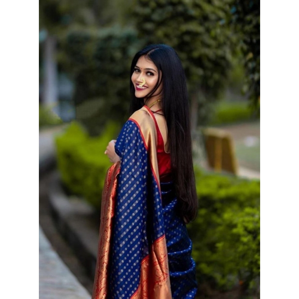 Women's Litchi silk Printed Saree With Unstitched Blouse (Blue) - Image 3