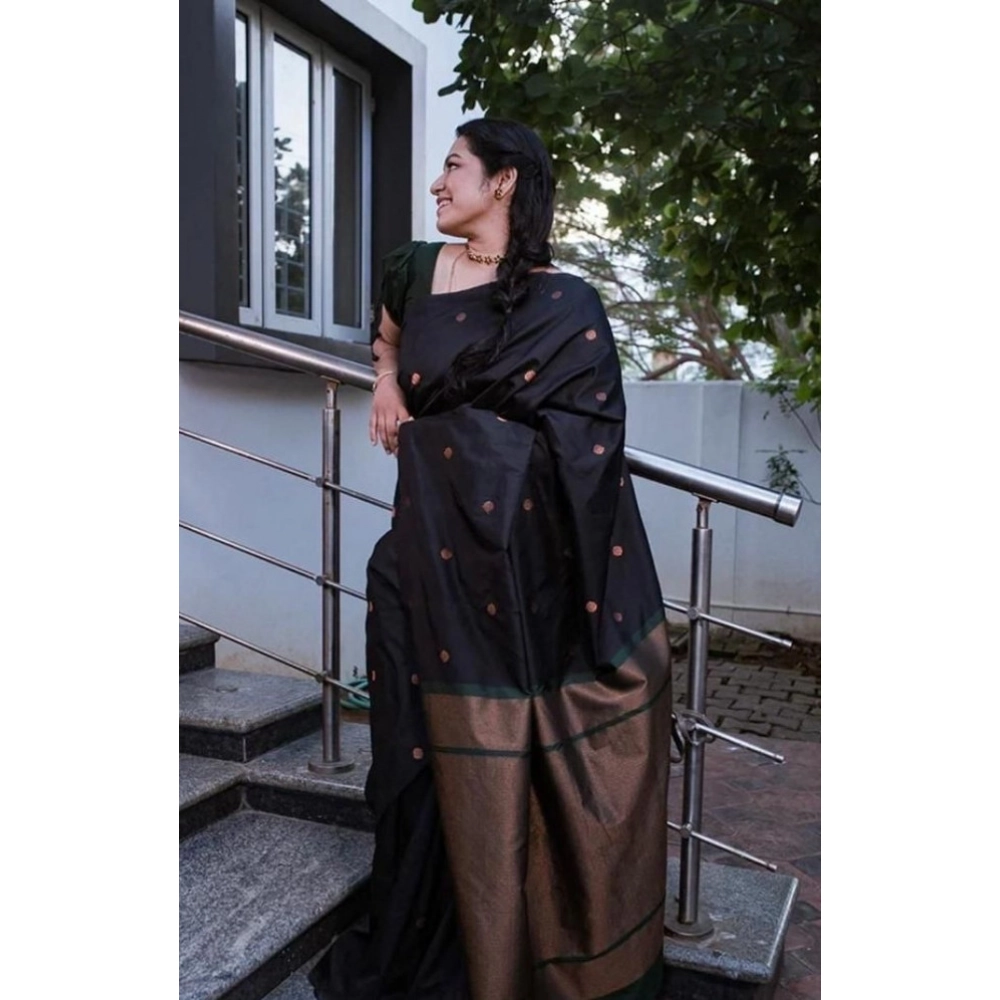 Women's Litchi silk Printed Saree With Unstitched Blouse (Black) - Image 3