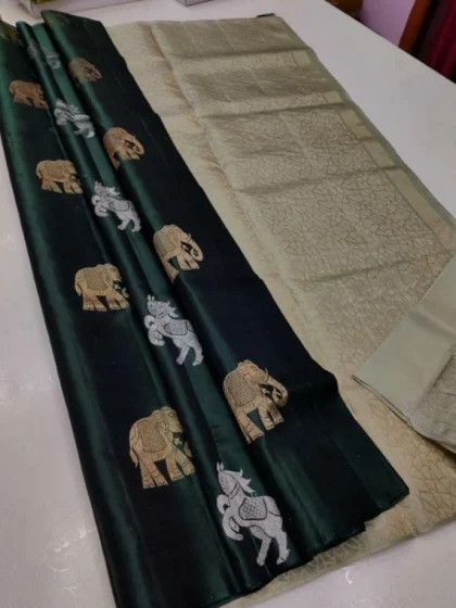 Women's Litchi silk Printed Saree With Unstitched Blouse (Green)