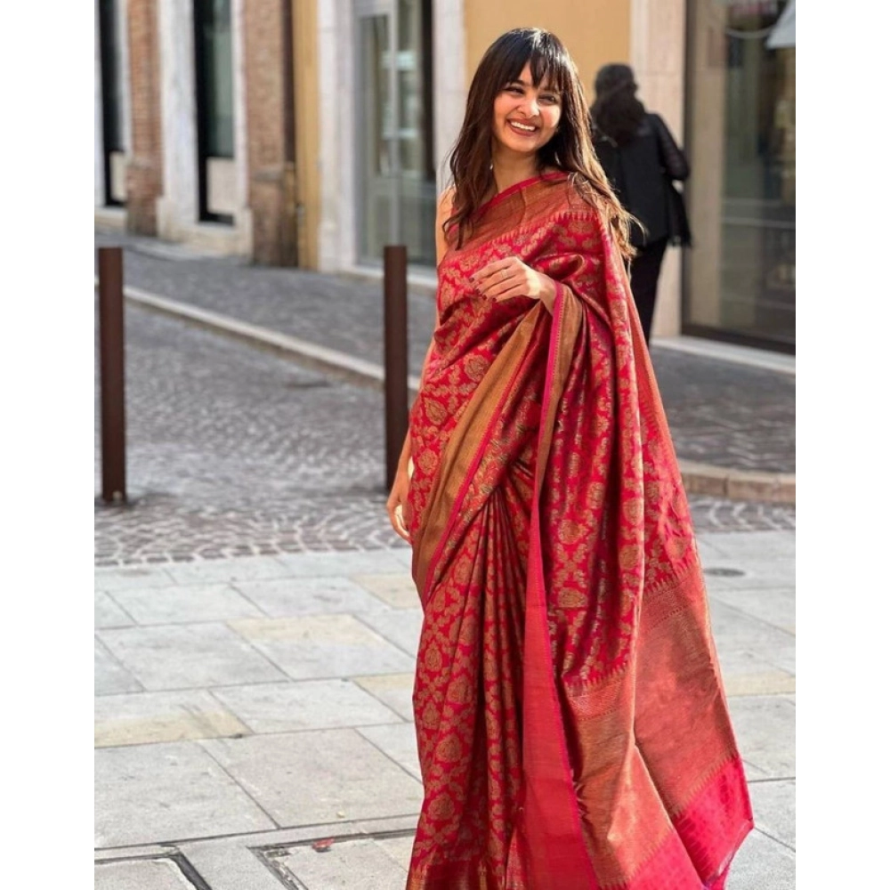 Women's Litchi silk Printed Saree With Unstitched Blouse (Red) - Image 2