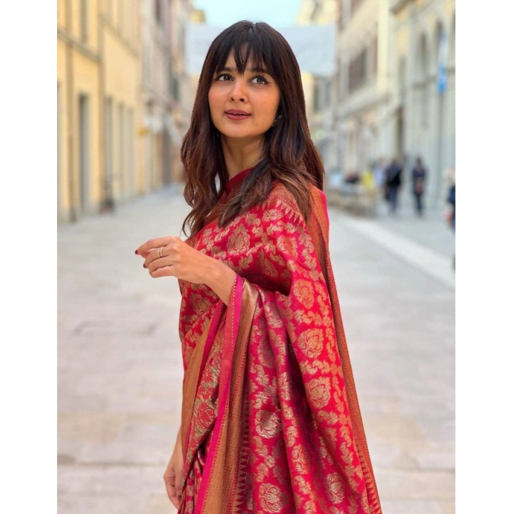 Women's Litchi silk Printed Saree With Unstitched Blouse (Red) - Image 3