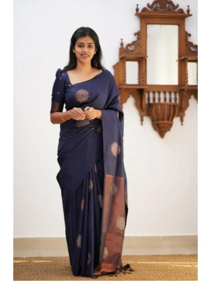Women's Litchi silk Printed Saree With Unstitched Blouse (Dark Blue)