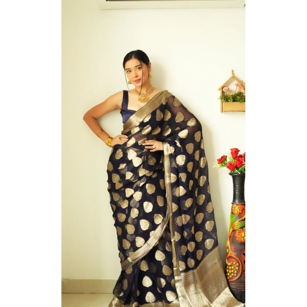 Women's Litchi silk Printed Saree With Unstitched Blouse (Black) - Image 4