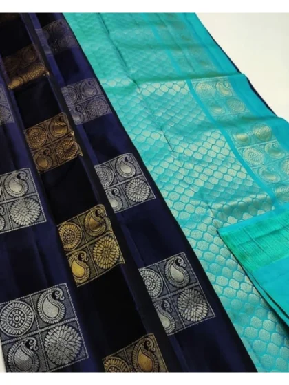 Women's Litchi silk Printed Saree With Unstitched Blouse (Navy Blue With Turquise Blue)