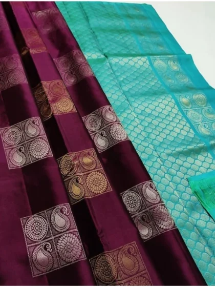Women's Litchi silk Printed Saree With Unstitched Blouse (Maroon With Turquise Green)