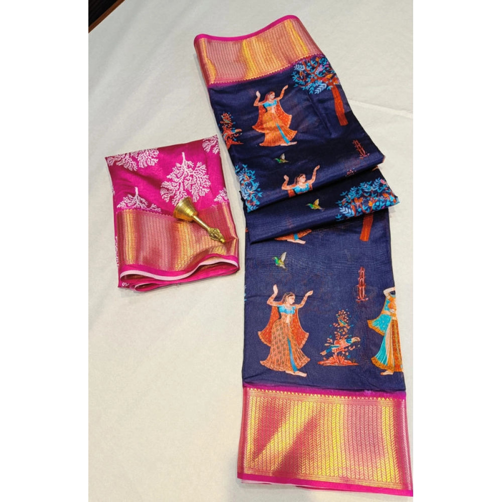 Women's Digital Dolla Silk Printed Saree With Unstitched Blouse 5.5Mtr (Navy Blue)