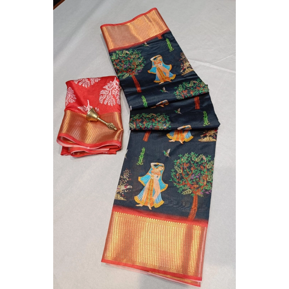 Women's Digital Dolla Silk Printed Saree With Unstitched Blouse 5.5Mtr (Black)