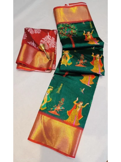 Women's Digital Dolla Silk Printed Saree With Unstitched Blouse 5.5Mtr (Green)