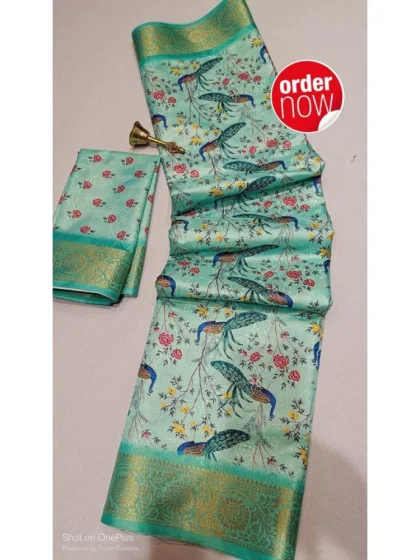 Women's Digital Dolla Silk Printed Saree With Unstitched Blouse 5.5Mtr (Pista Green)