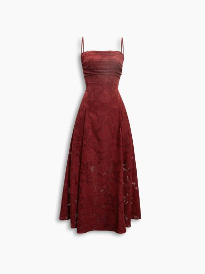 Backless Drawstring Sleeveless Floral Textured Dress in Merlot Red