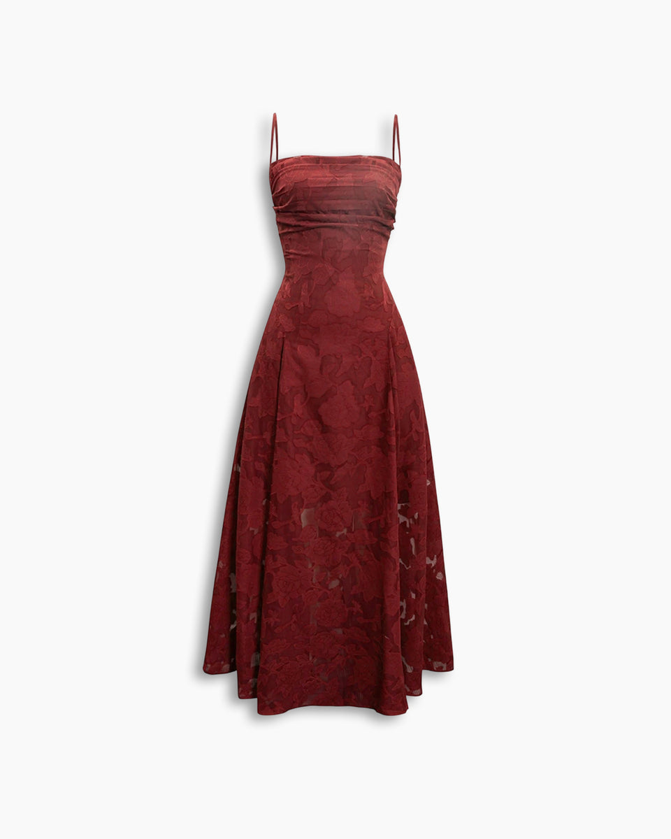 Backless Drawstring Sleeveless Floral Textured Dress in Merlot Red