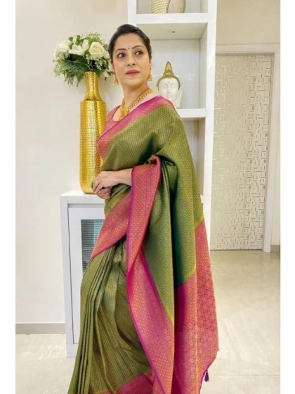 Women's Soft Lichi Silk Printed Saree With Unstitched Blouse 5.5Mtr (Mehndi-Green)