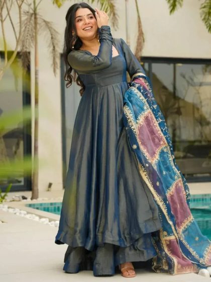 XXL Superb Teal Blue Silk Festive Wear Palazzo Suit With Sequins Dupatta