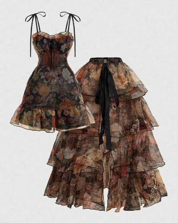 Floral Corset Fit Tiered Ruffle Midi Gown With Detachable Skirt - Image 2