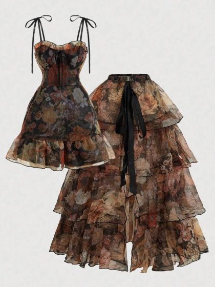 Floral Corset Fit Tiered Ruffle Midi Gown With Detachable Skirt