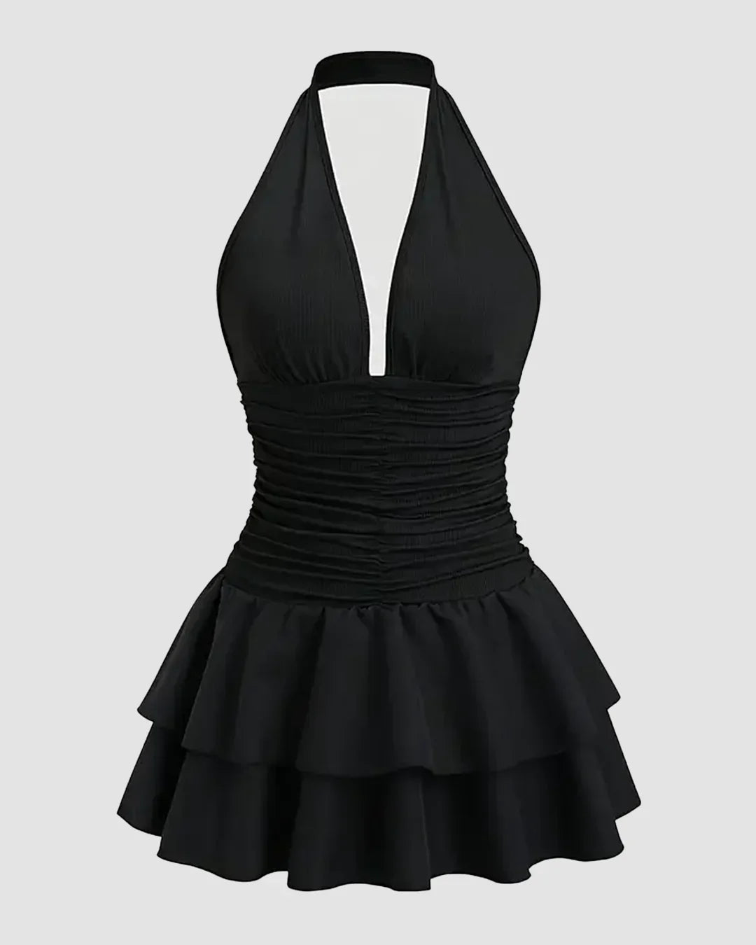 Halter Neck Dress Ruched Waist Tiered Mini in Black - Image 4