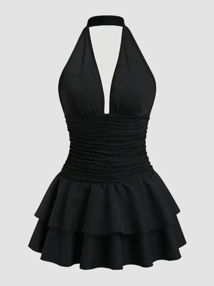 Halter Neck Dress Ruched Waist Tiered Mini in Black