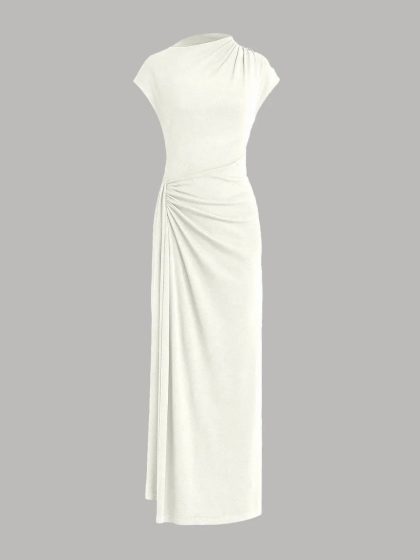 High Neck Draped Waist Maxi Dress in Milky White