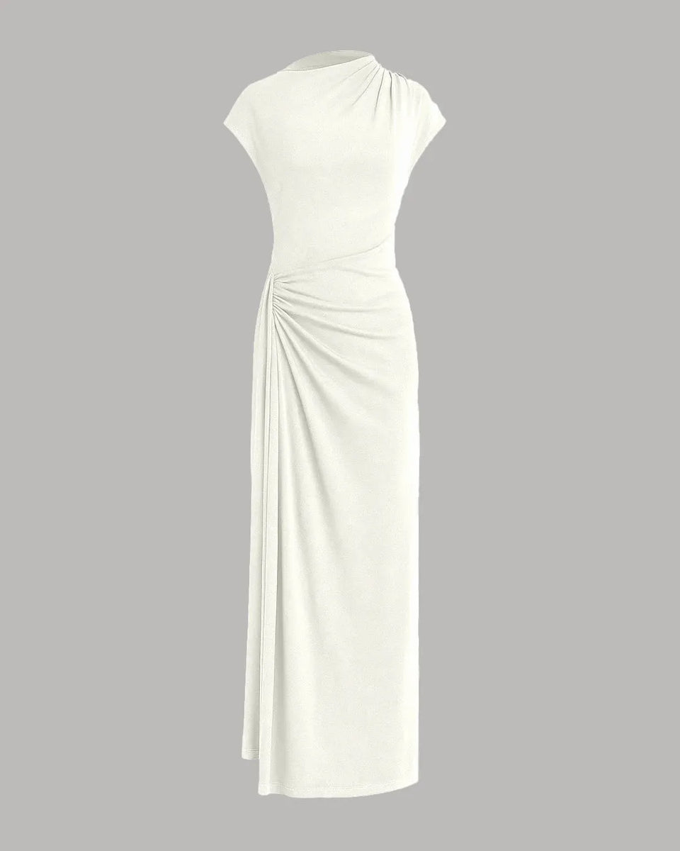 High Neck Draped Waist Maxi Dress in Milky White