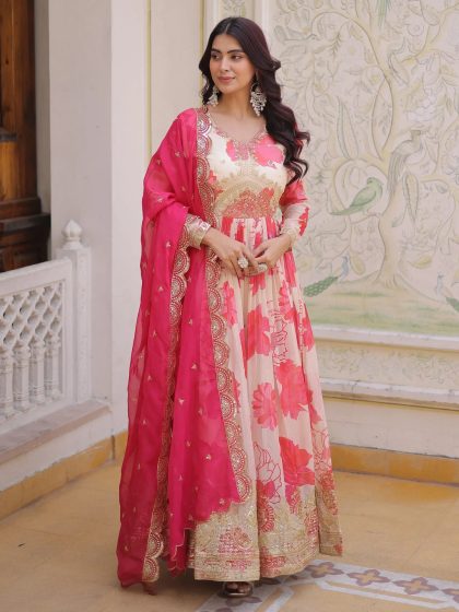 XXL Beautiful Cream Floral Printed Silk Engagement Wear Anarkali Gown