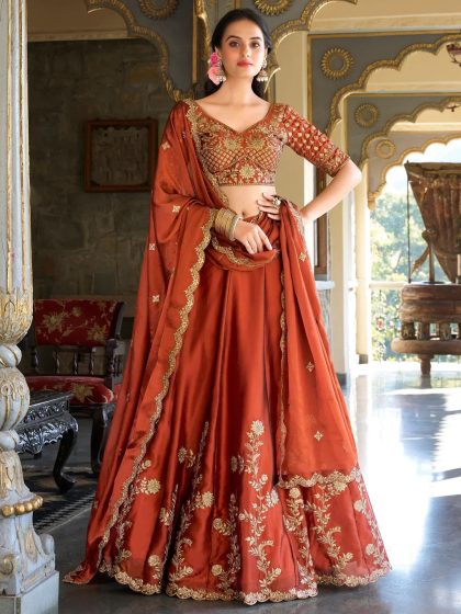 Custom Size Attractive Orange Thread Embroidery Silk Wedding Wear Lehenga Choli