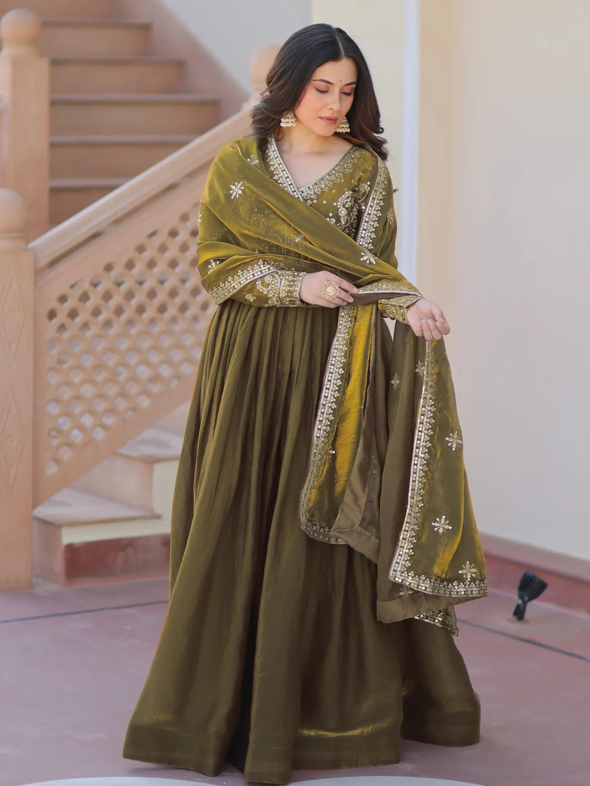 Memorable Mehendi Green Sequins Embroidery Organza Festive Wear Gown - Image 4
