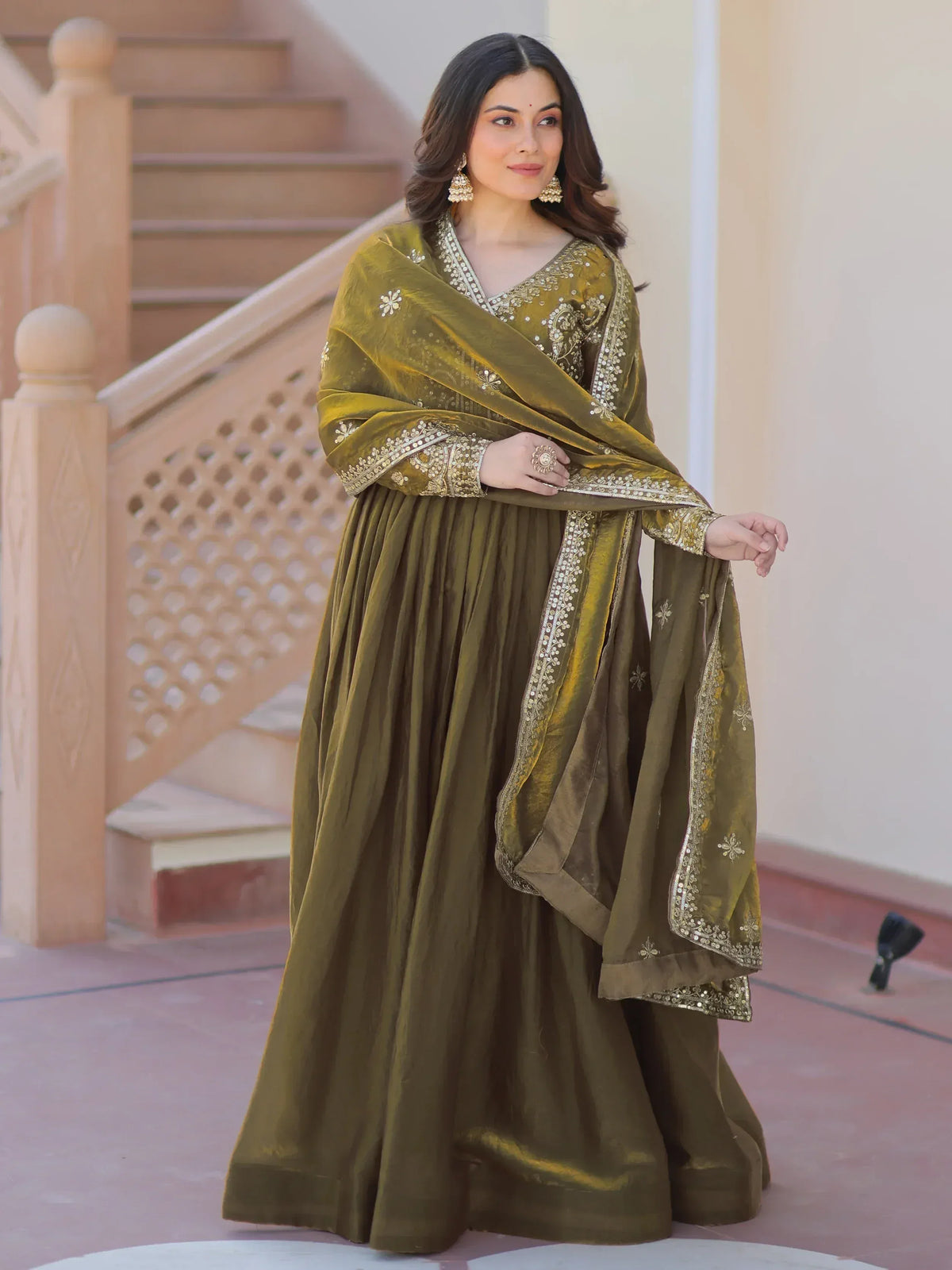 Memorable Mehendi Green Sequins Embroidery Organza Festive Wear Gown - Image 2