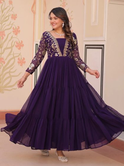 XXL Gorgeous Purple Georgette Sequins Traditional Anarkali Gown
