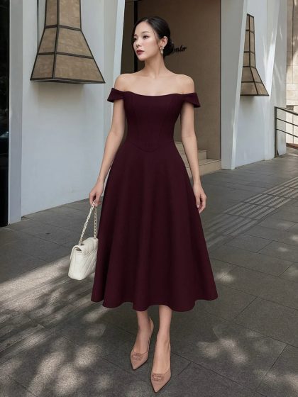 Maroon Faux Fishbone Design Romantic One-Shoulder Dress