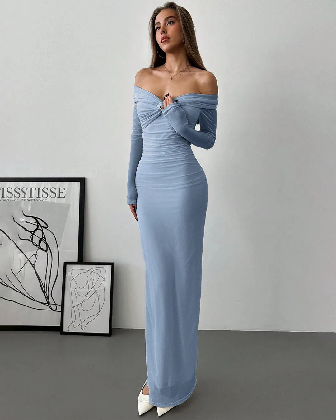 Off Shoulder Mesh Ruched Fitted Dress With Long Sleeve In Dusty Blue - Image 4