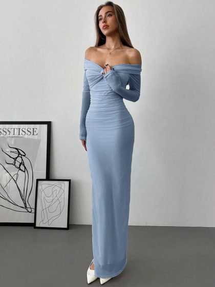 Off Shoulder Mesh Ruched Fitted Dress With Long Sleeve In Dusty Blue
