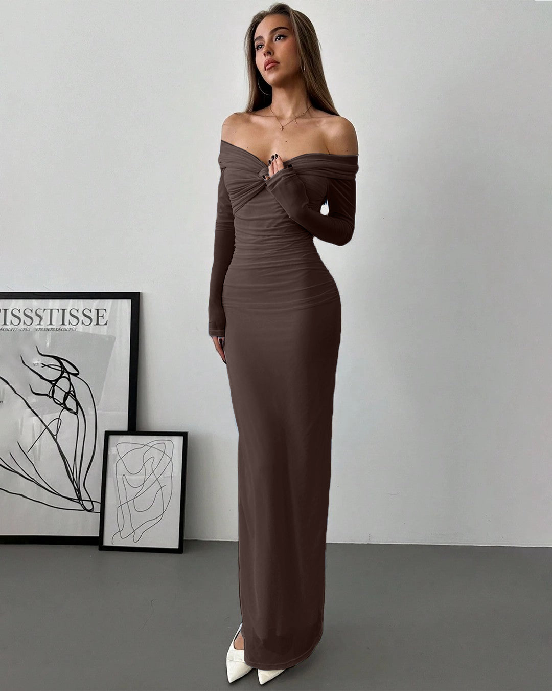 Off Shoulder Mesh Ruched Fitted Dress With Long Sleeve in Coco - Image 4