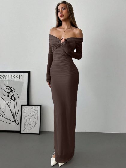 Off Shoulder Mesh Ruched Fitted Dress With Long Sleeve in Coco