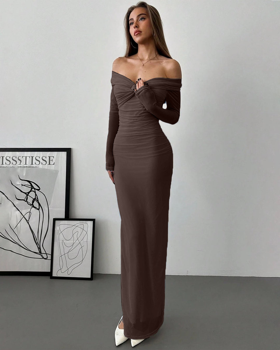 Off Shoulder Mesh Ruched Fitted Dress With Long Sleeve in Coco