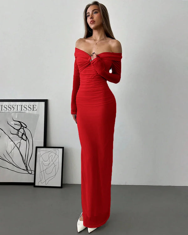 Off Shoulder Mesh Ruched Fitted Dress With Long Sleeve in Dark Red - Image 2