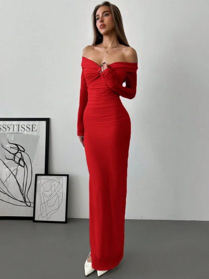 Off Shoulder Mesh Ruched Fitted Dress With Long Sleeve in Dark Red