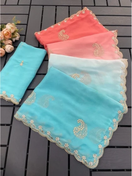 Women's Digital Printed? Geogette Saree With Unstitched Blouse (Blue, 5-6 Mtrs)