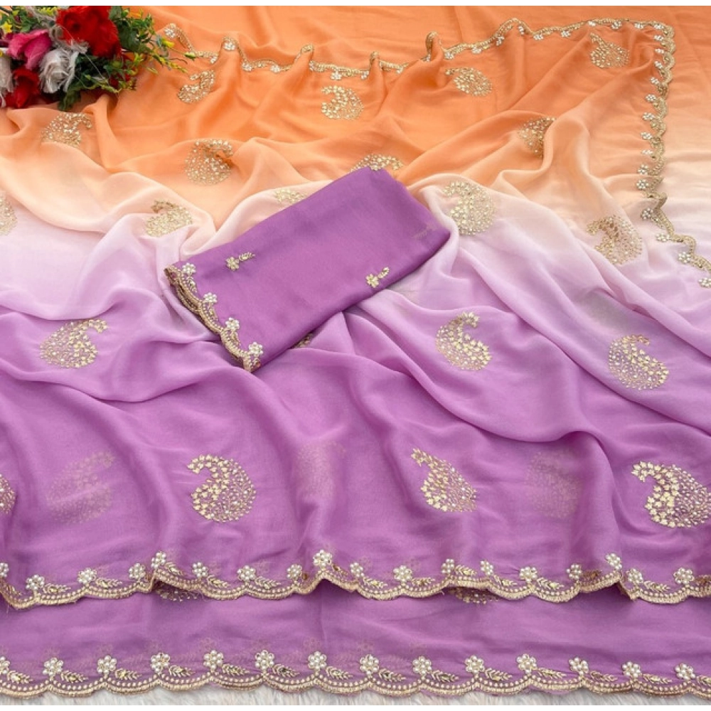 Women's Digital Printed? Geogette Saree With Unstitched Blouse (Wine, 5-6 Mtrs) - Image 2