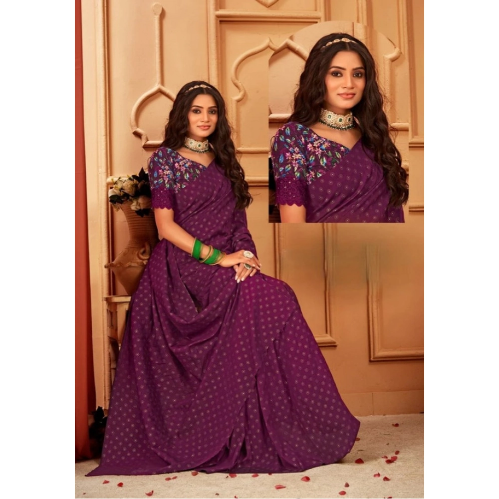 Women's Printed Brasso Saree With Unstitched Blouse (Magenta, 5-6 Mtrs) - Image 3