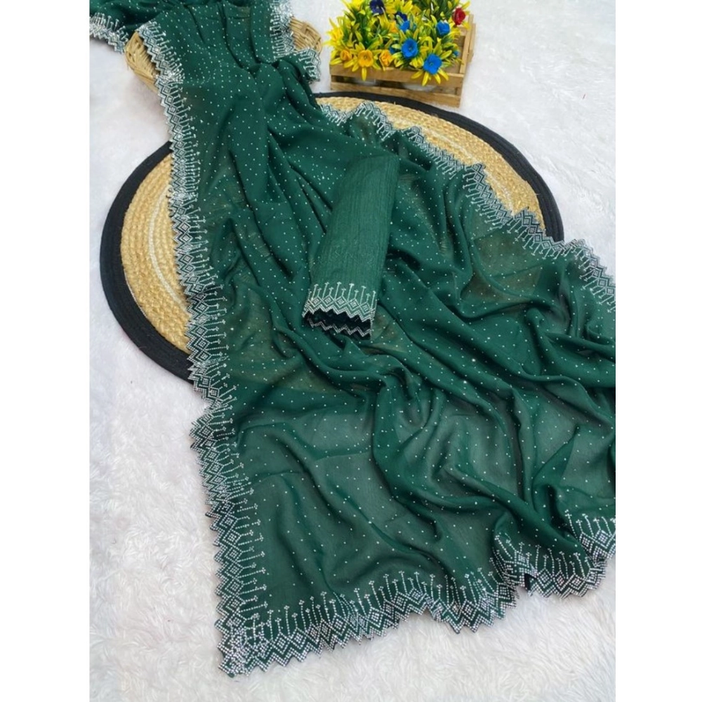 Women's Georgette Stone Work Saree With Unstitched Blouse 5.5Mtr (Green) - Image 2