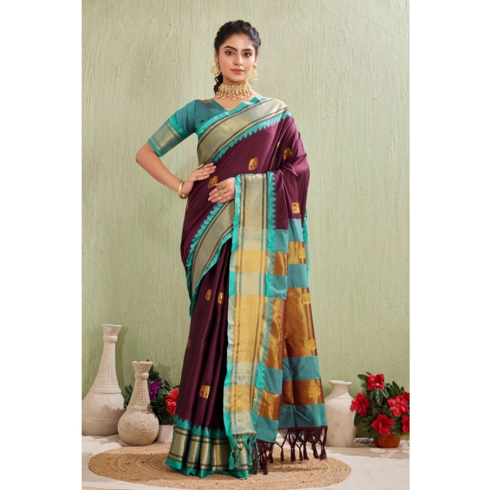 Women's Silk Blended Jaquard Woven Saree With Unstitched Blouse 5.5Mtr (Purple)