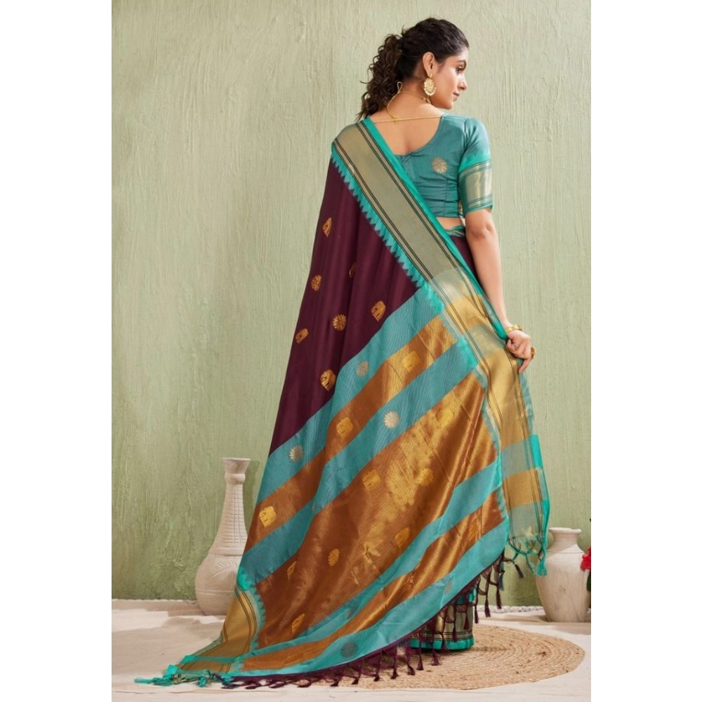 Women's Silk Blended Jaquard Woven Saree With Unstitched Blouse 5.5Mtr (Purple) - Image 2